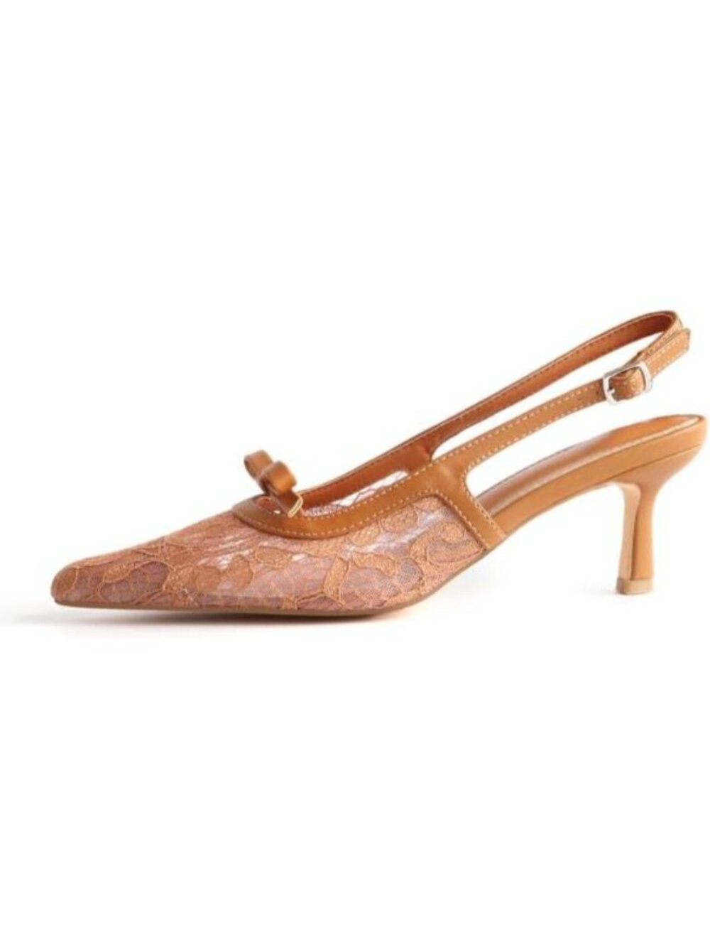 Women's Mesh Brown Kitten Heels with Bow Pointed Close Toe Pumps Dress Party